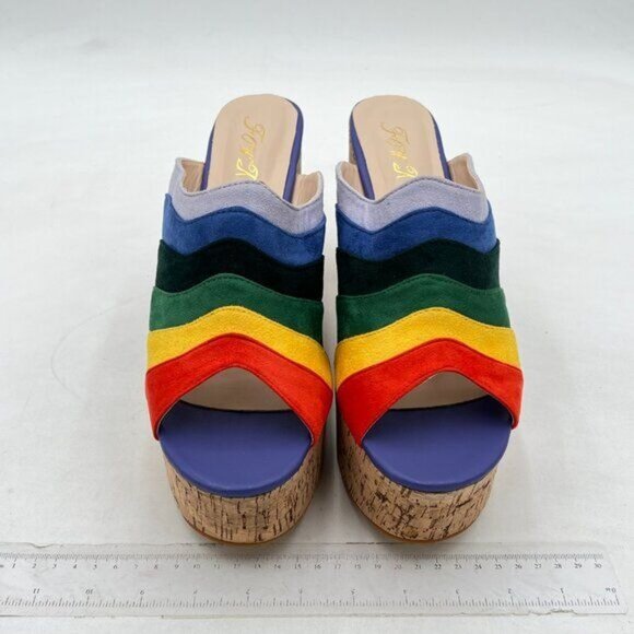 FOWT Summer Platform Suede 3 in Heeled Mules for Women Peep Open Toe Rainbow - Picture 3 of 7
